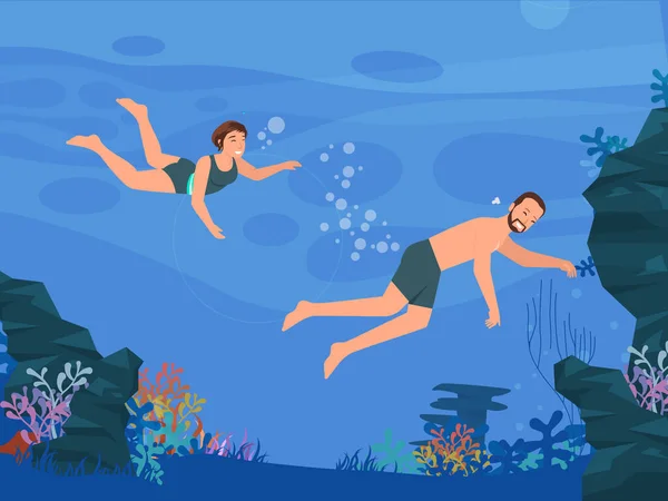 Милая Пара Погружение Море Счастливыми Лицами Плоские Векторные Иллюстрации — стоковый вектор