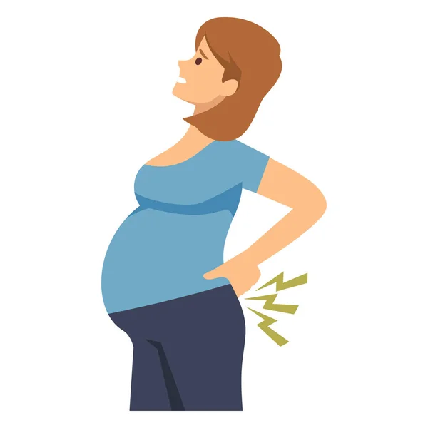 白い背景に隔離された腰痛フラットベクターのイラストを持つ妊娠中の女性 — ストックベクタ