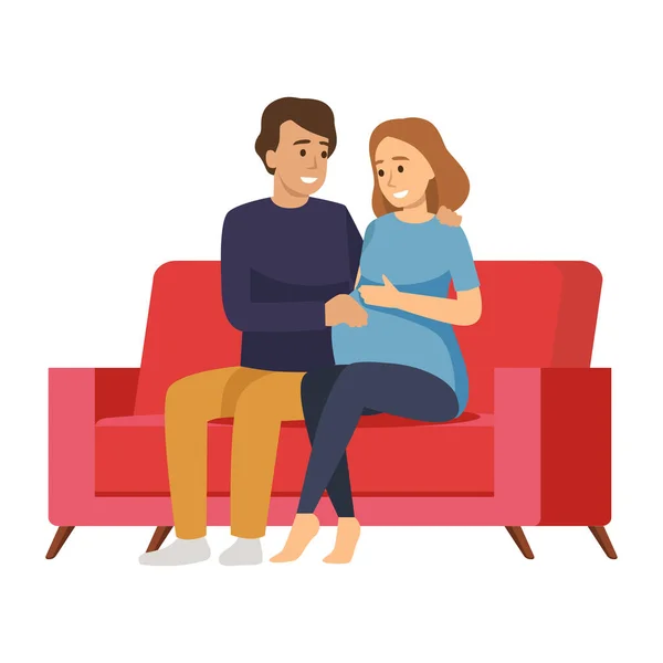 Εικονογράφηση Διάνυσμα Του Άνδρα Αγκαλιάζει Έγκυο Γυναίκα Έναν Καναπέ Ευτυχισμένο — Διανυσματικό Αρχείο