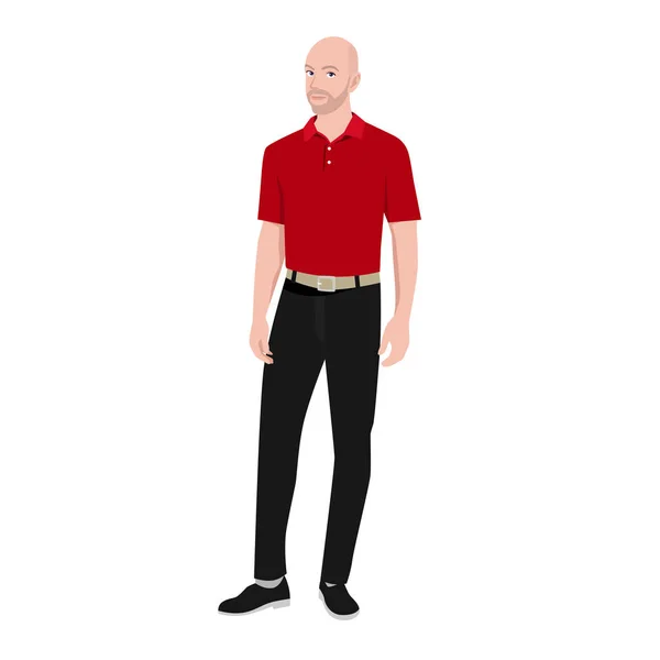 穿着红色高尔夫球衫的秃头专业商人在白色背景上被隔离的平面矢量图解 — 图库矢量图片