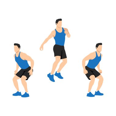 Adam 180 derece sıçrayarak sıçrıyor. Spor egzersizi. Düz vektör çizimi beyaz arkaplanda izole edildi