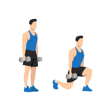 Dumbbell yürüyüşü yapan adam hamlesini yapıyor. Düz vektör çizimi beyaz arkaplanda izole edildi