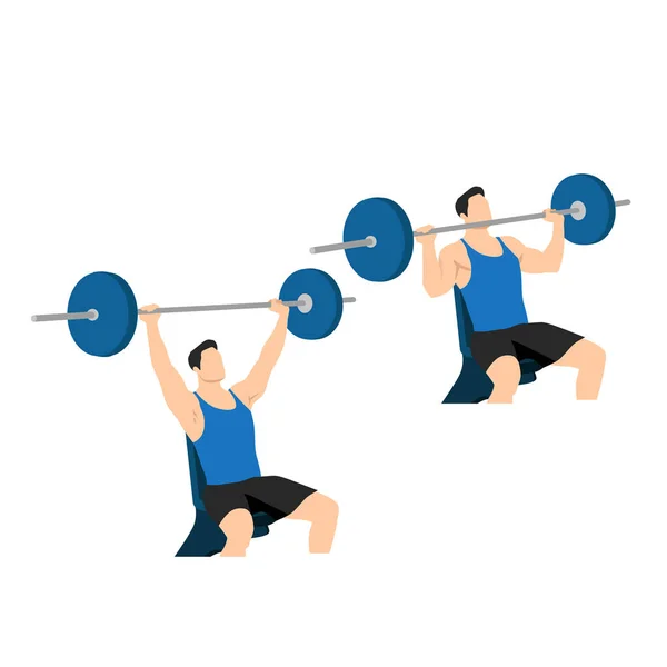 Stock vector Man doing Seated barbell shoulder press exercise. Flat vector illustration isolated on white background