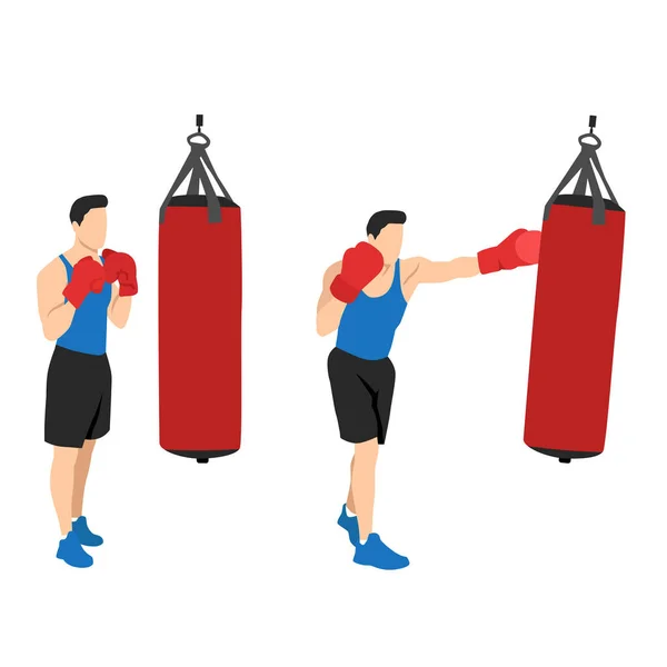 Man doing boxing with sand bag exercise. Flat vector illustration isolated on white background