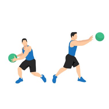 Medicine ball rotasyon egzersizi. Düz vektör çizimi beyaz arkaplanda izole edildi. çalışma karakter kümesi
