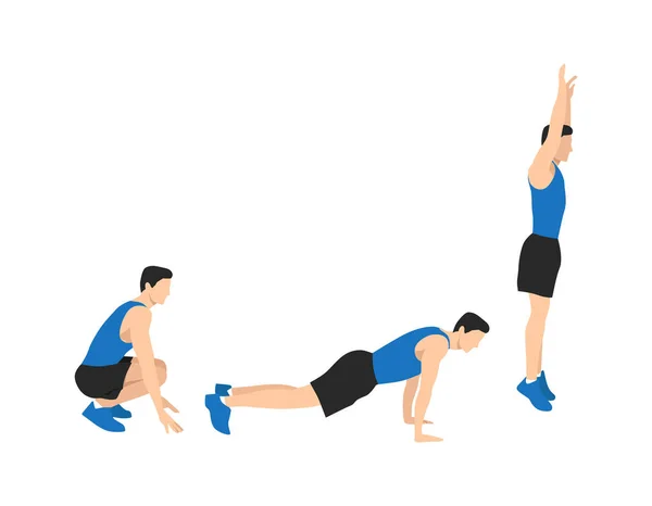 Άνθρωπος Κάνει Squat Thrust Burpee Θέση Βήματα Άσκησης Επίπεδη Διανυσματική — Διανυσματικό Αρχείο