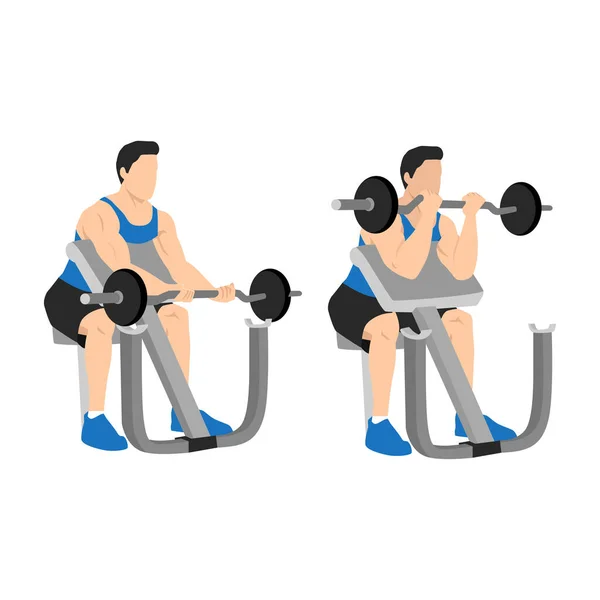 Man Lifting Barbell Gym Bar Preacher Curl Making Biceps Exercise — Stock Vector