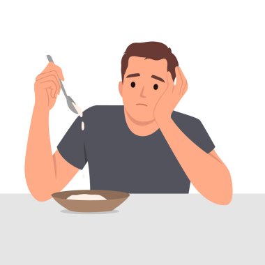 İştahı olmayan adam sebzeden yapılmış yağsız çorbaya ya da salataya bakar. Adam doktor tarafından önerilen diyeti uyguluyor. Çocuk ne yazık ki vejetaryen yemeği yiyor. Düz vektör çizimi beyaz arkaplanda izole edildi