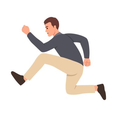 Genç iş adamı kaçıyor. Resmi kıyafetli kendine güvenen bir adam. İş rekabeti ve liderlik kavramı. Düz vektör çizimi beyaz arkaplanda izole edildi