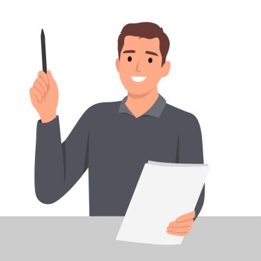 Düşünceli bir ifadeyle ve elinde kağıt defterle duran genç bir adam. Düşünen adam karakteri. Düz vektör çizimi beyaz arkaplanda izole edildi