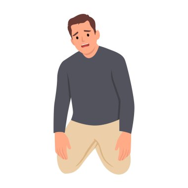 Leke lambası olan üzgün bir işadamı. Mavi arka planda basit, modaya uygun, düz bir renk. İş ve finans kavramı. Düz vektör çizimi beyaz arkaplanda izole edildi