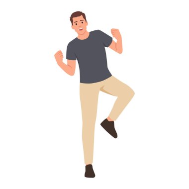 Başarıyı kutlayan tatmin olmuş genç adam. Düz vektör çizimi beyaz arkaplanda izole edildi