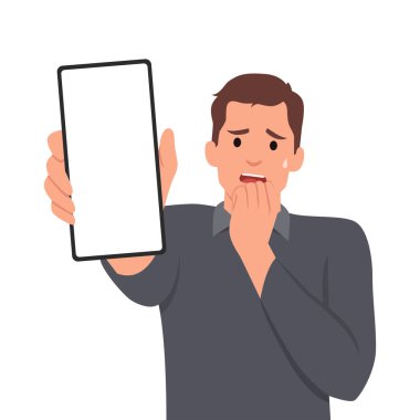 Şok olmuş, yelekli genç bir işadamı telefonda konuşuyor ve el ele tutuşuyor. Korkak trend cep telefonunu arıyor. Düz vektör çizimi beyaz arkaplanda izole edildi