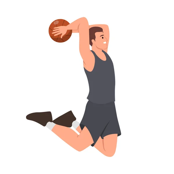 Ilustração Jogador Basquete Homem Salto Para Dunk Ilustração Vetorial Plana — Vetor de Stock