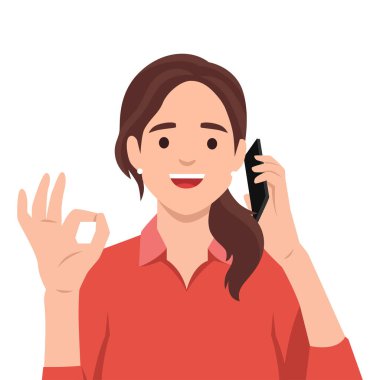 İş kadını elinde cep telefonu tutuyor ve el işaretini gösteriyor. Çizgi film işkadını karakteri portresi. Düz vektör çizimi beyaz arkaplanda izole edildi