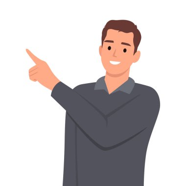 Yakışıklı iş adamı parmaklarını sol üst köşesinde ve sağ üst köşesinde gösteriyor ve işaret ediyor. Mutlu ifade tavsiyeleri için bu kopya alanını kullanın. Düz vektör çizimi beyaz arkaplanda izole edildi