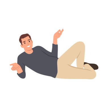 Sakin ol genç adam yerde yatıyor. Düz vektör çizimi beyaz arkaplanda izole edildi