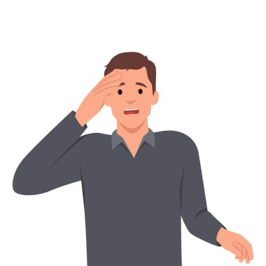 Kafası karışık ve endişeli bir şirket yöneticisi, CEO 'su alnından el ele tutuşmuş, kameraya bakıyor, büyük bir sorun yaşıyor. Düz vektör çizimi beyaz arkaplanda izole edildi