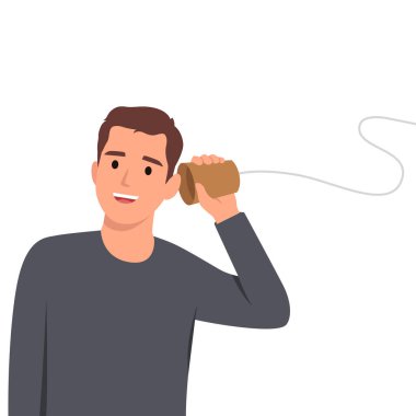 İp telefon teması kuran neşeli, eğlenceli bir adamın portresi. Düz vektör çizimi beyaz arkaplanda izole edildi