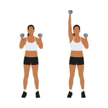 Woman doing Single arm dumbbell overhead shoulder press exercise. Flat vector illustration isolated on white background. workout character set clipart