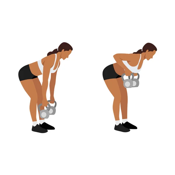 Femme Faisant Deux Bras Kettlebell Rangée Exercice Illustration Vectorielle Plate — Image vectorielle