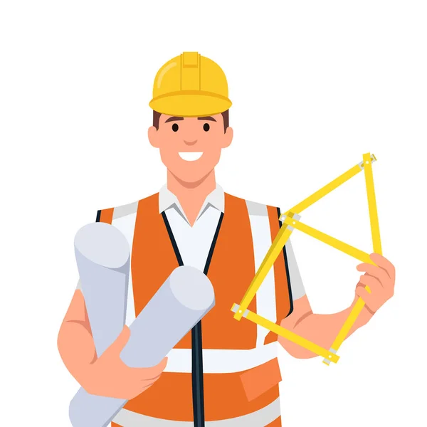 Architect Builder Worker Construction Engineer Man Wearing Helmet Flat Vector — Stock Vector