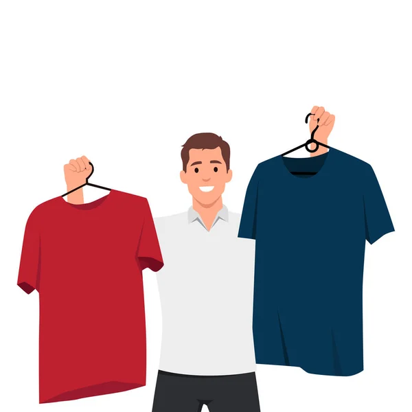 Man Choosing Clothes Wardrobe Home Guy Feel Confused Make Decision — Stock Vector