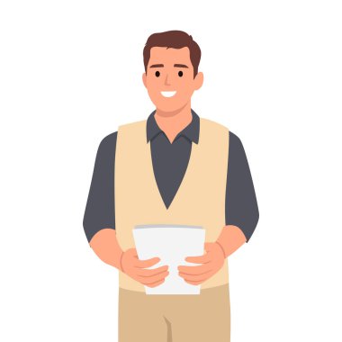 Ev müfettişi ev kontrollerini ve ev durumu raporlarını bitirdi. Beyaz erkek, ev teftişi uzmanı. Düz vektör çizimi beyaz arkaplanda izole edildi