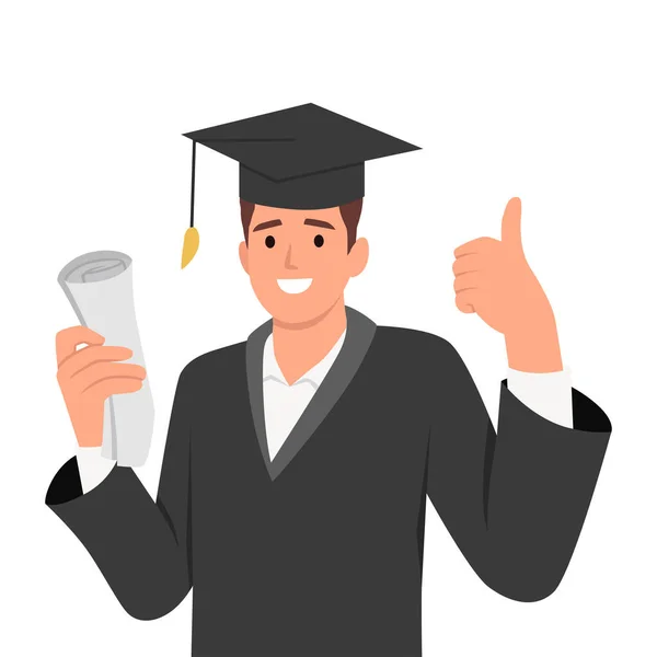 Happy Young Graduate Man Graduation Gown Hat Holding Diploma Certificate — Stock Vector