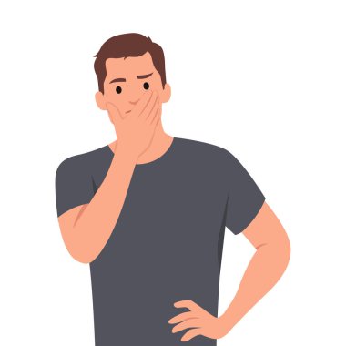 Kızgın huysuz adam yüzünü ellerinin arasında tutuyor. Düz vektör çizimi beyaz arkaplanda izole edildi