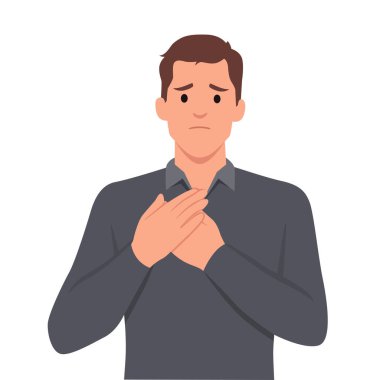 Hasta bir adam kalp krizinden muzdarip. Hasta, mutsuz adam göğsünün üst kısmına dokunuyor. Kardiyovasküler sorunları olan adamın doktora ihtiyacı var. Sağlık ve ilaç servisi. Düz vektör çizimi beyaz arkaplanda izole edildi