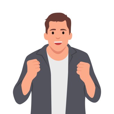 Duygusal adam yumruklarını sıkınca destekleyici bir jest yapar. Düz vektör çizimi beyaz arkaplanda izole edildi