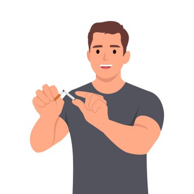 Sigara içmeyi bırak. Sigara içilmesin diye sigara tutan ya da kesen eller ya da erkekler. Düz vektör çizimi beyaz arkaplanda izole edildi