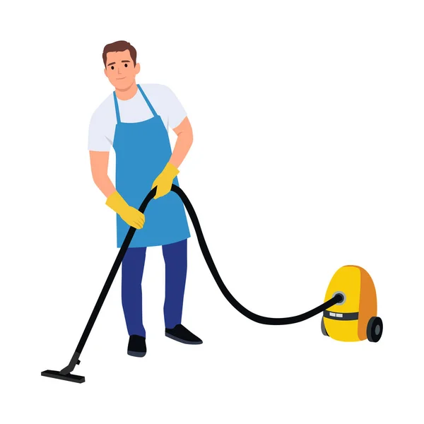 Cleaning Service Man Vacuum Cleaner Male Janitor Flat Vector Illustration — Stock Vector