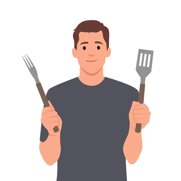 Chef Happy Cook Holding Grill Tools Spatula Fork Flat Vector — Stock Vector