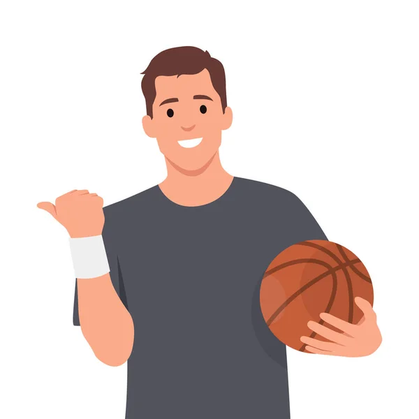 Jeune Homme Tenant Ballon Basket Ball Sur Fond Blanc Souriant — Image vectorielle
