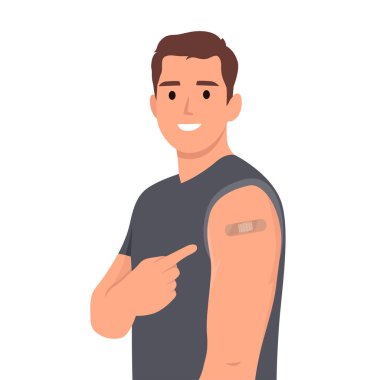 Kolunu aşıdan sonra yara bandıyla gösteren adam. Adam aşılandı. Düz vektör çizimi beyaz arkaplanda izole edildi