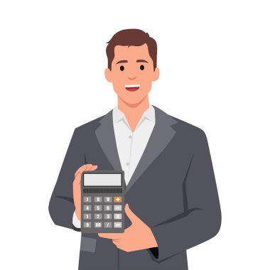 Elinde hesap makinesi tutan genç bir adam. Düz vektör çizimi beyaz arkaplanda izole edildi