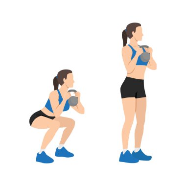Kettlebell bardağı egzersizi yapan bir kadın. Düz vektör çizimi beyaz arkaplanda izole edildi.