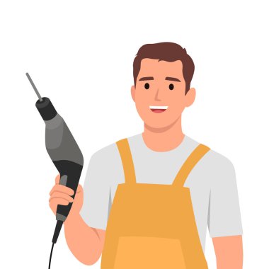 Elinde tamir aletleri tutan üniformalı genç bir tamirci. Matkapla mutlu tamirci ya da mühendis. Düz vektör çizimi beyaz arkaplanda izole edildi