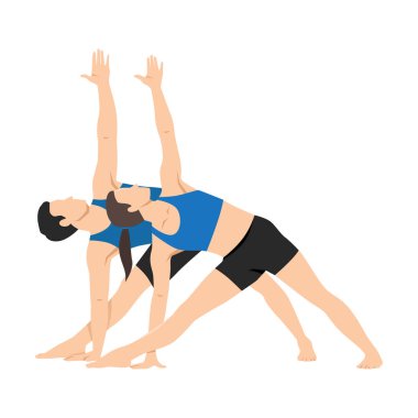 Genç çift bir tarafa bükülüyorlar. Gerinme egzersizi yapan çift, geniş üçgen pozu, utthita trikonasana. Düz vektör çizimi beyaz arkaplanda izole edildi