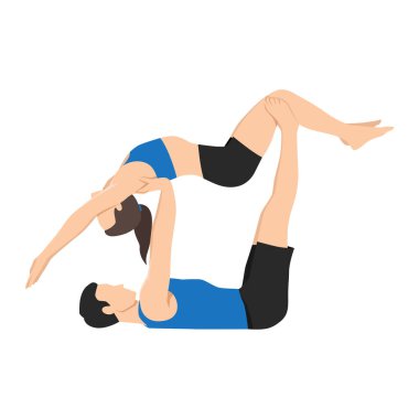 Yogi yapan genç bir çift yüksek uçan balina akro yoga pozu deniyor. Genç bir adam bir kadını ayaklarının üzerinde dengeliyor. Düz vektör çizimi beyaz arkaplanda izole edildi