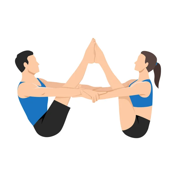 Junges Paar Beim Partner Buddy Boat Yoga Pose Flache Vektordarstellung — Stockvektor