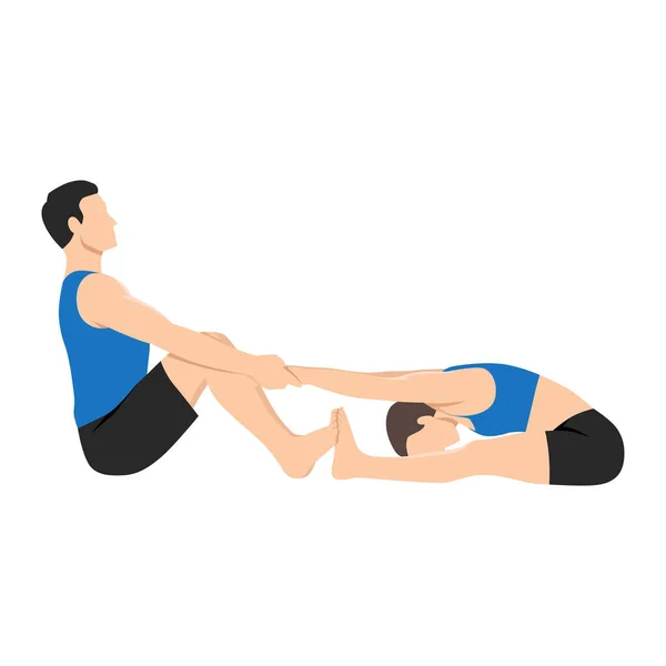 Junges Paar Beim Vorwärtsbeugen Sitzen Paschimottanasana Yoga Übungen Flache Vektordarstellung — Stockvektor