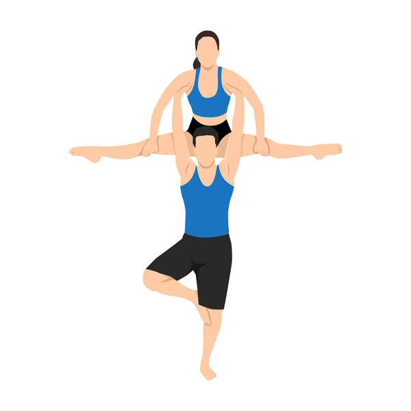 在瑜伽课上 年轻夫妇用一条腿保持平衡 而把女友抬起来做劈叉动作 白色背景上孤立的平面矢量图解 — 图库矢量图片