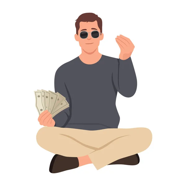 Young Man Wearing Sunglasses Smiling Happily Hand Making Money Posture — Stock Vector