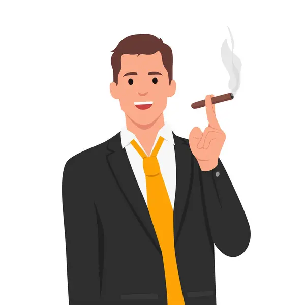 Junger Reicher Mann Zigarre Rauchend Anzug Mit Krawatte Flache Vektordarstellung — Stockvektor