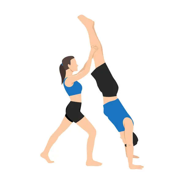 Junges Paar Hilft Sich Gegenseitig Beim Yoga Frau Hilft Einem — Stockvektor