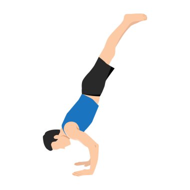 Yoga amuda kalkma egzersizi yapan genç bir adam. Düz vektör çizimi beyaz arkaplanda izole edildi