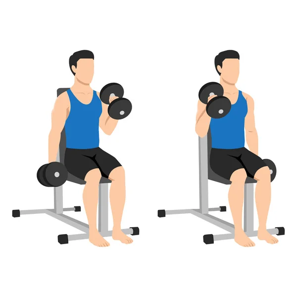 Człowiek Robi Siedzący Hantel Biceps Młot Ćwiczenia Loki Płaska Ilustracja — Wektor stockowy